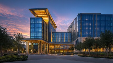 Aufkleber - Modern Architectural Design of a Gleaming Glass Office Building at Sunset with Vibrant Sky, Illuminated Structure, and Lush Surrounding Landscaping