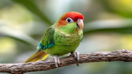 Poster - Colorful Parrot Perched on a Branch Surrounded by Lush Green Foliage, Showcasing Vibrant Plumage with Bright Red Crown, Green Body, and Blue Accents in Nature Setting