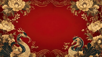 Wall Mural - Chinese frame with oriental asian elements on color background, for wedding invitation card, happy new year, happy birthday, valentine day, greeting cards, with generative ai