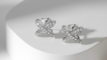 Poster - Elegant Silver Earrings with Sparkling Crystals on a Minimalist Background, Showcasing Modern Jewelry Design for Fashion Lovers and Accessories Enthusiasts