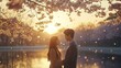© RaNy - A scene from a Korean drama, a couple standing under cherry blossom trees, the petals gently falling around them, the couple looking at each