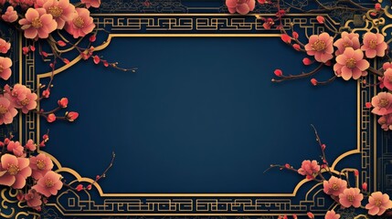 Wall Mural - Chinese frame with oriental asian elements on color background, for wedding invitation card, happy new year, happy birthday, valentine day, greeting cards, with generative ai