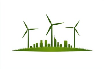 Wall Mural - Economic Growth and Climate Change concept. A stylized illustration of three wind turbines on a green landscape, symbolizing renewable energy and sustainable urban development.