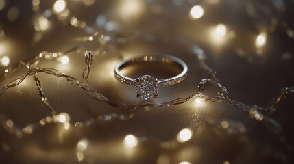 Poster - Elegant Diamond Ring Surrounded by Twinkling Fairy Lights for Romantic Proposals and Engagement Celebrations in Soft Focus with Warm Glow