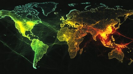Poster - vibrant digital world map representing global connections with colorful network lines highlighting d
