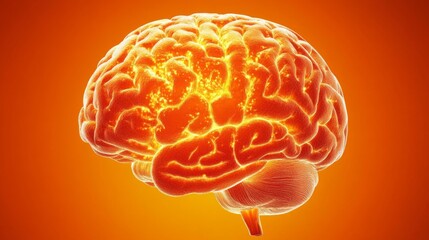 Poster - Vivid Representation of a Human Brain with Glowing Neurons Against a Bright Orange Background, Symbolizing Intelligence and Creativity in Modern Science and Medicine