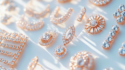 Poster - Exquisite Collection of Sparkling Rose Gold Jewelry Pieces Arranged Neatly on a White Surface Showcasing Bright Crystals and Intricate Designs for Elegant Accessory Ideas