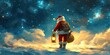 © MinimalZine - Magical Christmas Night Scene with Santa Claus Holding Lantern, Surrounded by Stars and Clouds in a Dreamy Winter Landscape