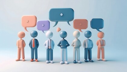 Poster - A diverse group of stylized characters stands together, each with colorful speech bubbles above their heads, symbolizing communication and dialogue.