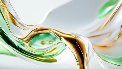 Poster - Abstract liquid swirls in gold and green hues flowing on a white background, creating a smooth and elegant visual effect.