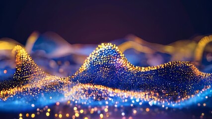 Poster - Vibrant abstract digital waves composed of blue and yellow glowing particles, creating a futuristic and dynamic data visualization effect.