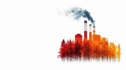 Wall Mural - Economic Growth and Climate Change concept. A stylized image of industrial smokestacks releasing smoke, surrounded by a vibrant forest, symbolizing pollution and environmental impact.