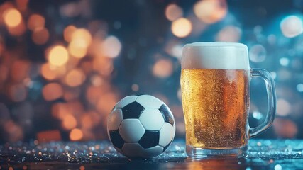 Wall Mural - A cold glass of beer beside a soccer ball with warm bokeh lights in the background, symbolizing sports celebration.