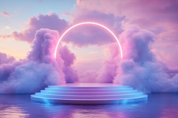 Sticker - Natural beauty podium backdrop for product display with dreamy cloud and neon light background. Romantic 3d seascape scene. with generative ai