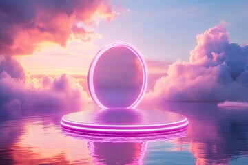 Sticker - Natural beauty podium backdrop for product display with dreamy cloud and neon light background. Romantic 3d seascape scene. with generative ai