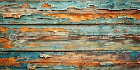 Wall Mural - Weathered Wooden Planks with Peeling Blue and Orange Paint