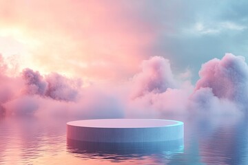 Sticker - Natural beauty podium backdrop for product display with dreamy cloud and neon light background. Romantic 3d seascape scene. with generative ai