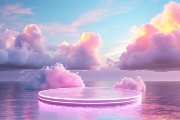 Poster - Natural beauty podium backdrop for product display with dreamy cloud and neon light background. Romantic 3d seascape scene. with generative ai