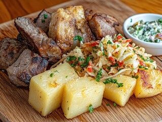 Wall Mural - Grilled Meat with Potatoes and Cabbage Slaw.