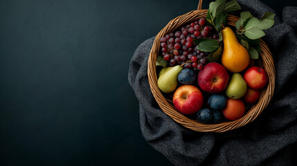 Aufkleber - basket of fresh farm fruits including apples, pears, grapes, and plums, beautifully arranged on dark textured background, evokes sense of abundance and health