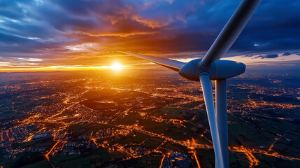 Poster - stunning aerial view of wind turbine against vibrant sunset, showcasing interplay of natural energy and urban lights below. scene captures beauty of renewable energy in vast landscape