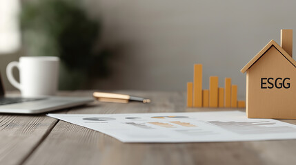 Aufkleber - close up of ESG related documents, graphs, and model house representing sustainability. scene conveys professional atmosphere focused on environmental, social, and governance issues