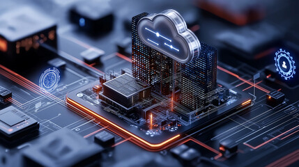 Poster - dynamic scene of cloud data transfer to secure server, showcasing advanced technology and connectivity. intricate circuit design highlights importance of data security and cloud computing