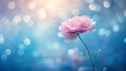 Wall Mural - A delicate pink flower blooms against a backdrop of soft blue and white bokeh, creating a dreamy and ethereal ambiance.