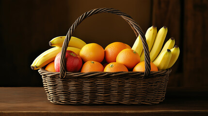 Aufkleber - high resolution fruit basket featuring bananas, oranges, and apple, beautifully arranged in rustic setting. warm tones create cozy atmosphere
