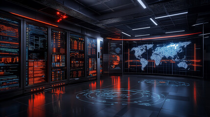 Poster - modern data center featuring advanced technology, illuminated screens, and world map display. environment conveys sense of innovation and connectivity