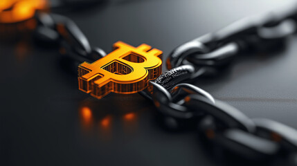 Poster - abstract illustration of blockchain technology featuring glowing Bitcoin symbol connected by dark chains, symbolizing security and innovation in digital finance