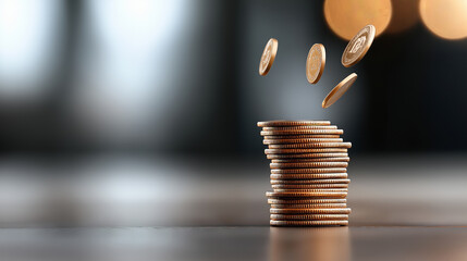 Poster - Coins falling onto stack, symbolizing concept of money losing value due to inflation. blurred background adds sense of depth and focus on coins
