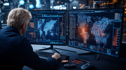 Poster - Engineer analyzing global data on dual monitors in smart city control room, showcasing traffic flow and network patterns, highlighting urban technology