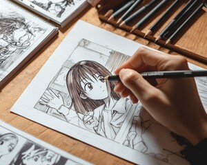 Close-up of a hand holding a pencil.  An artist draws an anime comic in the studio. Manga