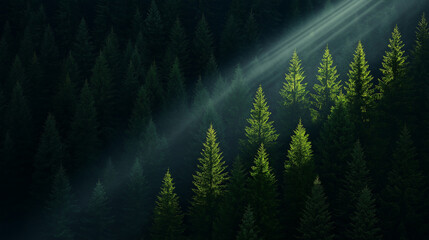 Poster - Soft light filtering through dense forest canopy creates serene atmosphere, highlighting vibrant green trees amidst dark surroundings