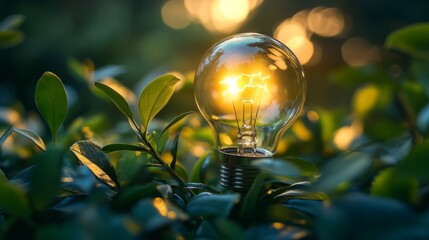 Canvas Print - A glowing light bulb surrounded by green leaves, symbolizing the harmony between nature and artificial light.