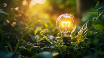 Canvas Print - A glowing light bulb nestled in vibrant green foliage, symbolizing innovation and nature's beauty, with soft sunlight filtering through.