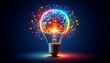 © Ojas - A glowing light bulb with brain as filament symbolizes creativity, innovative ideas and the invention of technology and intelligence, representing the knowledge of human thought and Power of invention