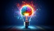 © Ojas - A glowing light bulb with brain as filament symbolizes creativity, innovative ideas and the invention of technology and intelligence, representing the knowledge of human thought and Power of invention