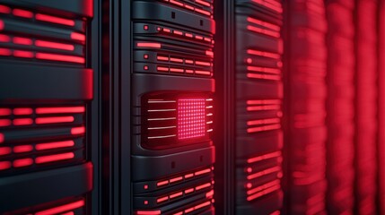 Poster - A close-up of server racks illuminated by red lights, showcasing modern technology and data storage systems.