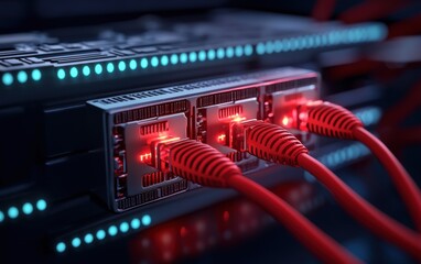 Poster - A close-up of network cables connected to a server, illuminated by red lights, highlighting the technology of data communication.