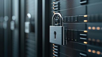 Poster - A close-up of a padlock securing a server, symbolizing data protection and cybersecurity in a modern digital environment.