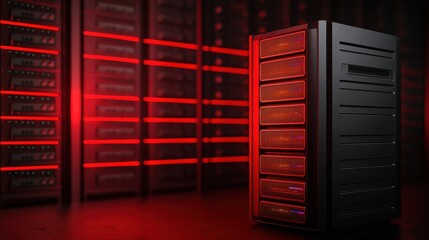 Poster - A sleek, modern server rack bathed in red light, showcasing advanced technology in a high-tech data center environment.