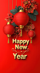 Happy New Year with red lanterns and floral decorations on vibrant background. Celebrate festive season with traditional Asian elements