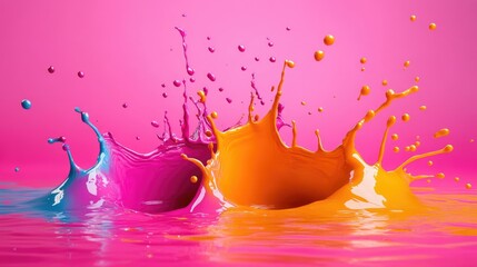 Poster - A 3D illustration of colorful liquid splashes against a bright pink background, creating an exciting and modern abstract design