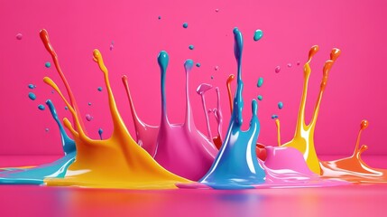 Poster - A 3D illustration of colorful liquid splashes against a bright pink background, creating an exciting and modern abstract design
