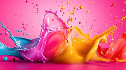 Poster - A 3D illustration of colorful liquid splashes against a bright pink background, creating an exciting and modern abstract design