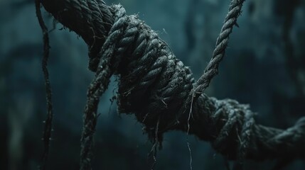 Poster - A close-up of an old, frayed rope with strands coming apart, set against a moody dark background for a weathered, industrial aesthetic