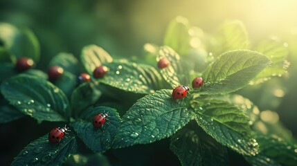 Poster - A cluster of ladybugs scattered across a fresh green leaf in a lush garden, with soft sunlight creating a natural and peaceful atmosphere