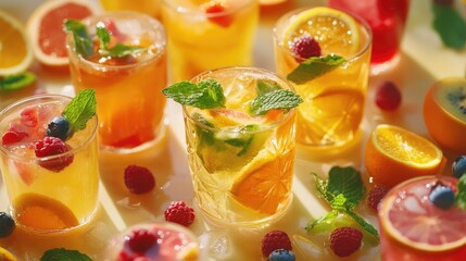 Poster - A colorful selection of refreshing fruit juices served in clear glasses, garnished with fresh mint leaves, surrounded by slices of citrus, berries, and tropical fruits